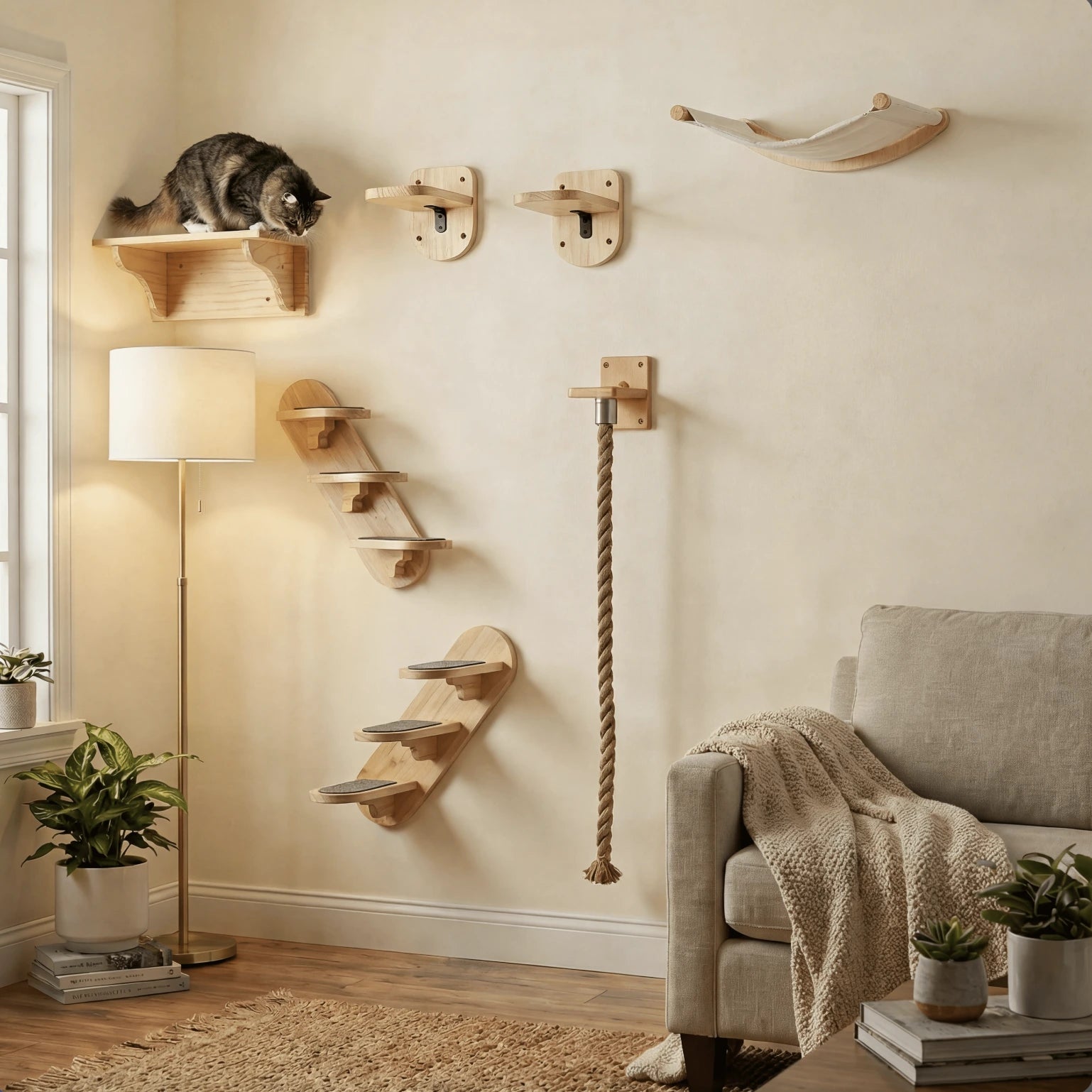 Katzen Kletterwand Set für hohe Wände — vertikale Kletterroute mit Treppen bis zur Decke