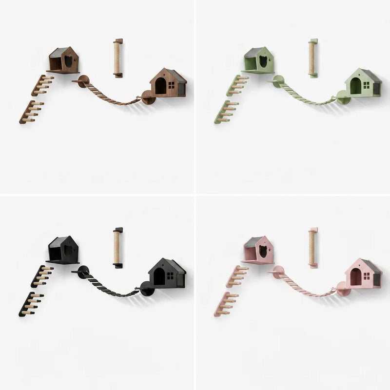 Farbuebersicht Katzenwand Spielset fuer zwei Katzen mit zwei Katzenhoehlen, Haengebruecke, Sisal-Kletterstufen und Kratzsaeule in Walnuss, Salbeiguen, Schwarz und Altrosa