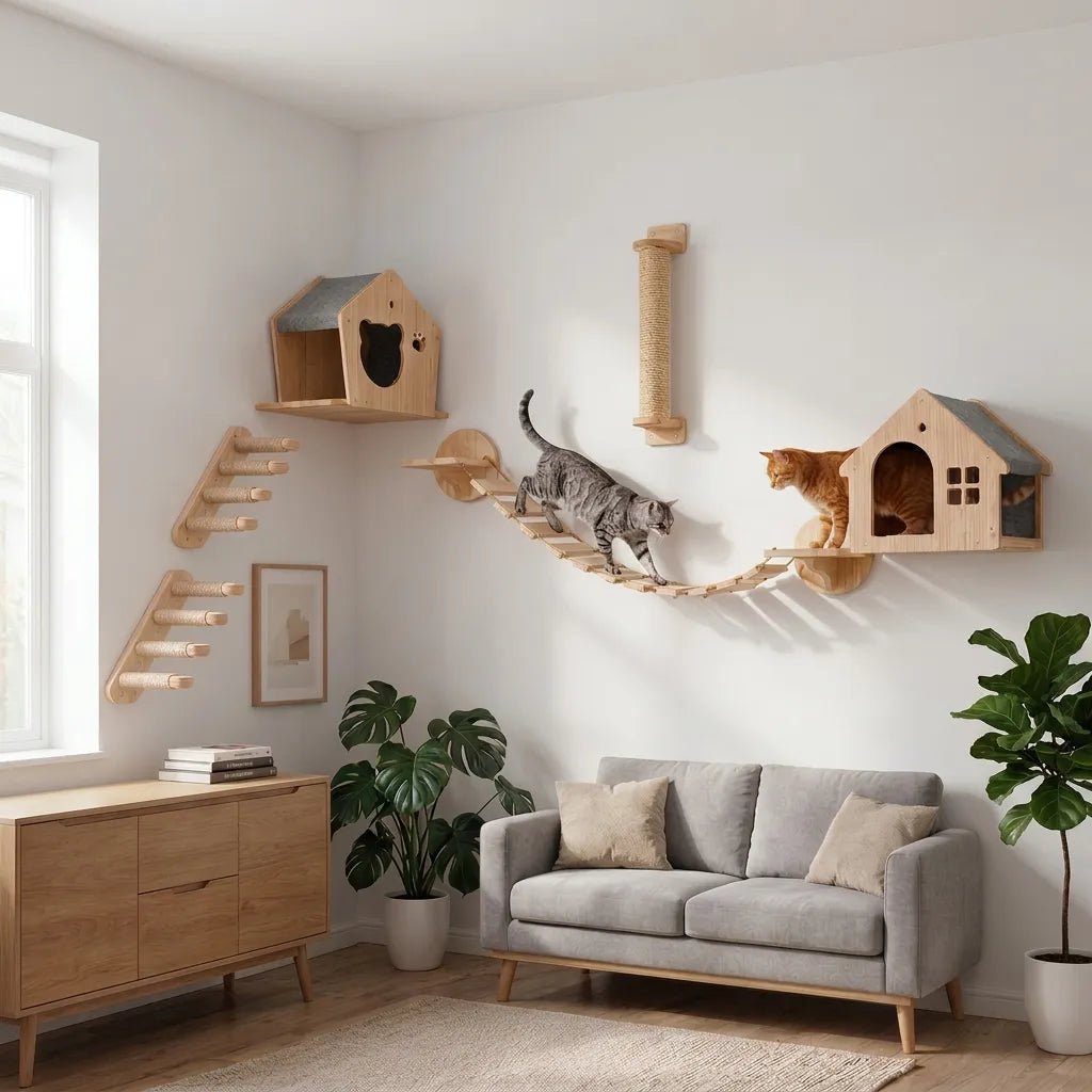 Graue und rote Katze klettern ueber Haengebruecke des Katzenwand Spielsets fuer zwei Katzen mit Katzenhoehlen und Kratzsaeule an weisser Wand im Wohnzimmer