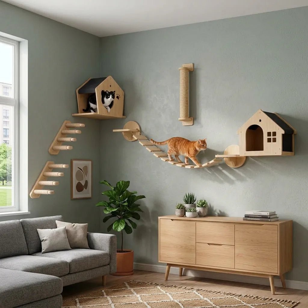 Katzenwand Spielset fuer zwei Katzen mit zwei Katzenhoehlen, Haengebruecke, Sisal-Kletterstufen und Kratzsaeule aus Massivholz, schwarz-weisse und rote Katze im Wohnzimmer