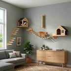 Katzenwand Spielset fuer zwei Katzen mit zwei Katzenhoehlen, Haengebruecke, Sisal-Kletterstufen und Kratzsaeule aus Massivholz, schwarz-weisse und rote Katze im Wohnzimmer