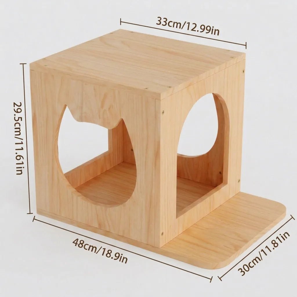 Würfelförmige Katzenwand Katzenhöhle aus Massivholz mit Maßangaben (33 cm, 29,5 cm, 48 cm, 30 cm), katzenkopfförmige Öffnung und runde Öffnung, freigestellt