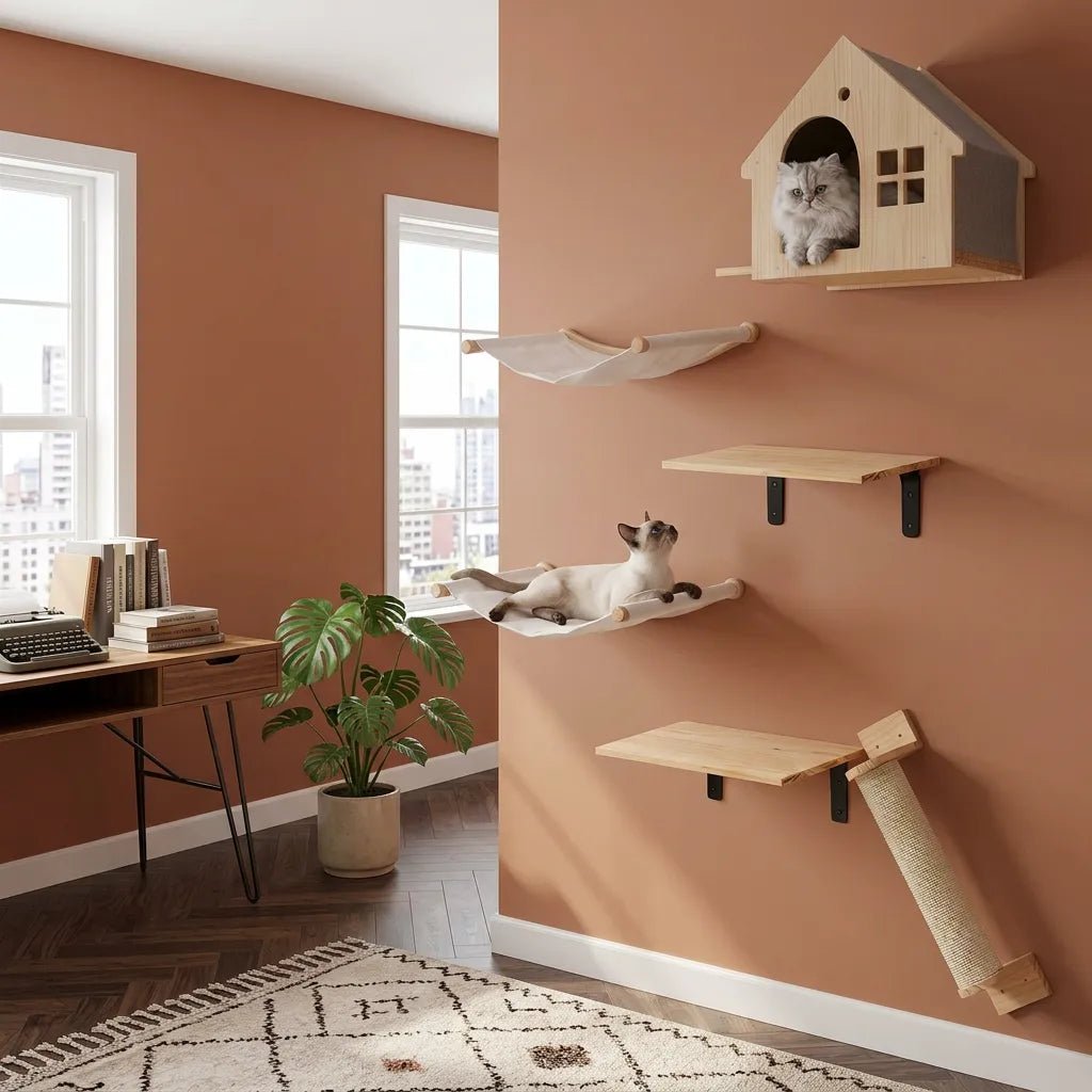 Katzenwand Set fuer kleine Waende mit Katzenhoehle, Haengematte und Ablagen aus Massivholz an terrakottafarbener Wand, weisse Katze in Hoehle und Siamkatze in Haengematte