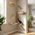 Katzenwand Set fuer kleine Wohnungen in Eckmontage mit Sisal-Kletterstufen, Kratzsaeule und zwei gestreiften Haengeliegen an beiger Wand, schwarz-weisse Katze klettert