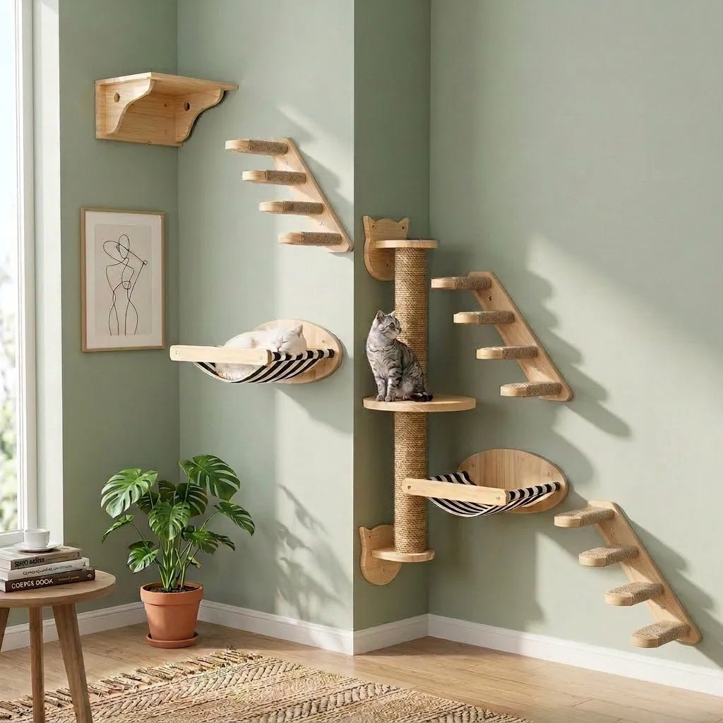Katzenwand Set fuer kleine Wohnungen in Eckmontage mit Sisal-Kletterstufen, Kratzsaeule und zwei gestreiften Haengeliegen aus Massivholz, getigerte Katze auf Plattform