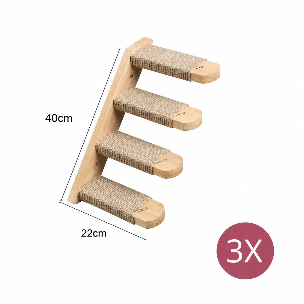 Katzenwand Sisal-Kletterstufen mit vier Stufen aus Massivholz, Massangaben (40 cm, 22 cm), dreifach im Set enthalten, freigestellt