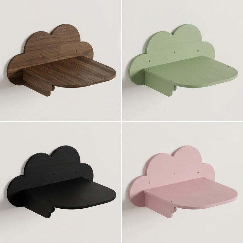 Farbuebersicht wolkenfoermiges Katzenwand Regal aus Massivholz in Walnuss, Salbeiguen, Schwarz und Altrosa